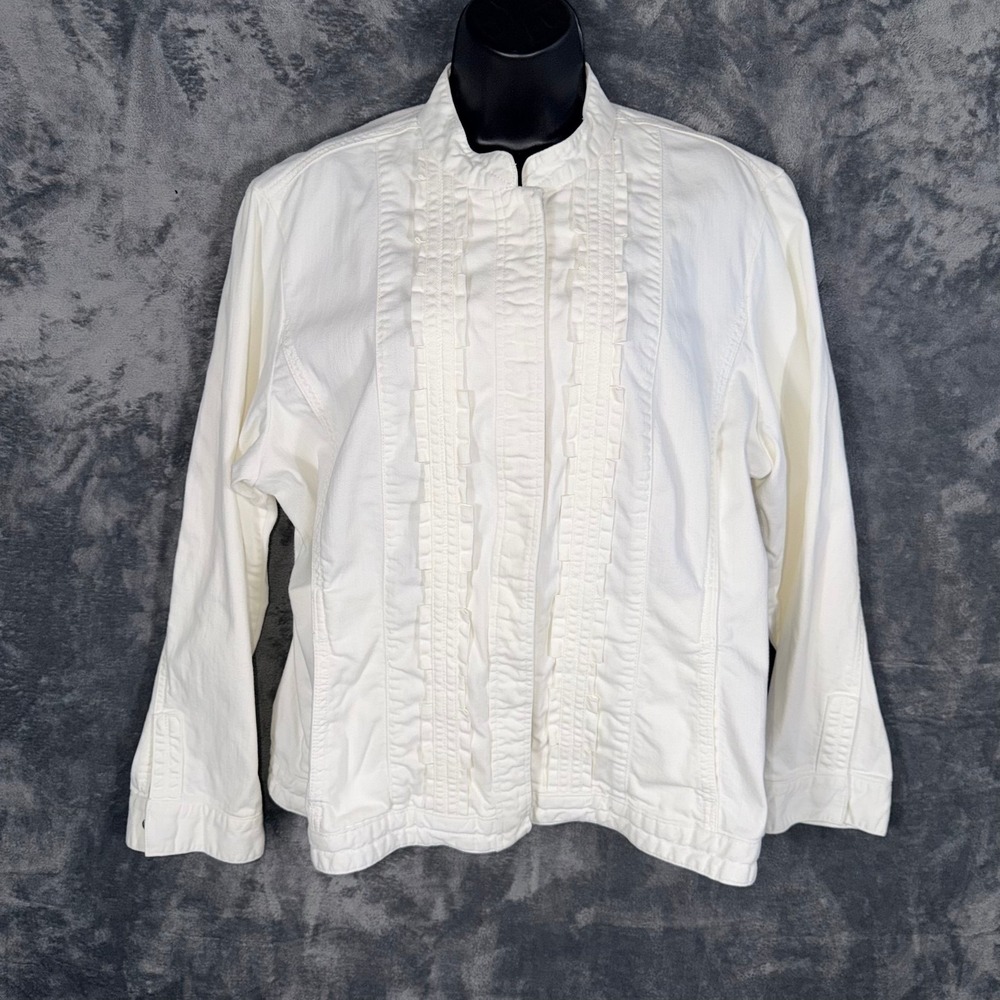 Chicos Platinum Womens Jacket Size 3 L White Cotton‎ Stretch Pintuck Long Sleeve